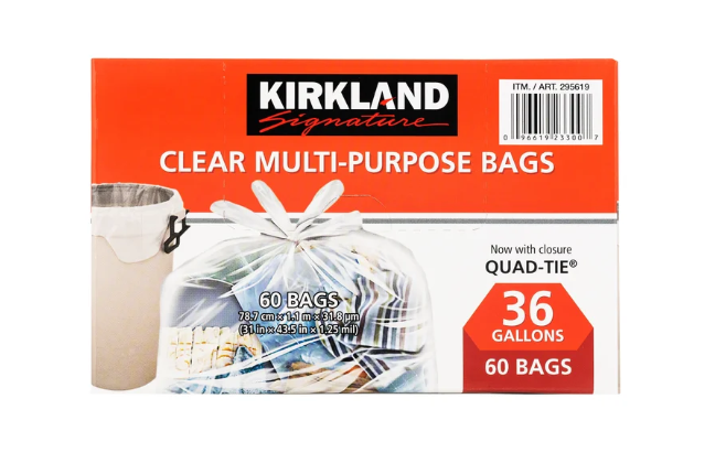 KIRKLAND SIGNATURE Quad-Tie Clear Multipurpose Bags 36 Gallons:60 Bags